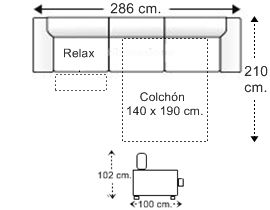Sofá 5 plazas con cama apertura italiana colchón de 140 x 190 cm. y asiento relax motor derecha