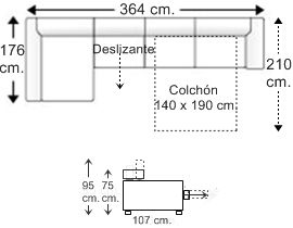 Sofá 5 plazas con cama apertura italiana colchón de 140 x 190 cm., asiento deslizante y chaise longue arcón dcha