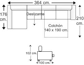 Sofá 5 plazas con cama apertura italiana colchón de 140 x 190 cm., asiento deslizante y chaise longue arcón derecha