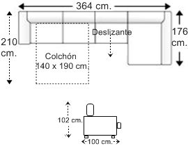 Sofá 5 plazas con cama apertura italiana colchón de 140 x 190 cm., asiento deslizante y chaise longue arcón izquierda