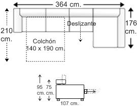 Sofá 5 plazas con cama apertura italiana colchón de 140 x 190 cm., asiento deslizante y chaise longue arcón izqda