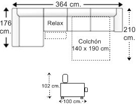 Sofá 5 plazas con cama apertura italiana colchón de 140 x 190 cm., asiento relax motor y chaise longue arcón derecha