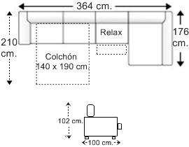 Sofá 5 plazas con cama apertura italiana colchón de 140 x 190 cm., asiento relax motor y chaise longue arcón izquierda