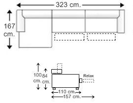 Sofá 3,5 plazas brazo reducido 2 relax motor, chaise longue derecha