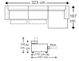 Sofá 3,5 plazas brazo reducido 2 relax motor, chaise longue izquierda