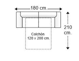 Sofá 2,5 plazas con cama apertura italiana y colchón de 120 x 200 cm. brazos reducidos