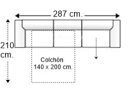 Sofá 5 plazas con cama apertura italiana y colchón de 140 x 200 cm. y asiento deslizante derecha