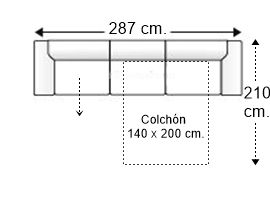 Sofá 5 plazas con cama apertura italiana y colchón de 140 x 200 cm. y asiento deslizante izquierda