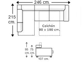 Sofá esquinero 3 plazas con cama apertura italiana colchón de 90 x 190 cm. derecha