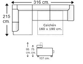 Sofá esquinero 4,5 plazas con cama apertura italiana colchón de 160 x 190 cm, derecha
