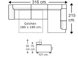 Sofá esquinero 4,5 plazas con cama apertura italiana colchón de 160 x 190 cm. izquierda