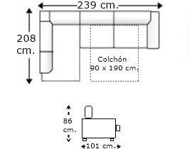 Sofá rinconera 3 plazas con cama apertura italiana y colchón de 90 x 190 cm. derecha