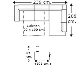 Sofá rinconera 3 plazas con cama apertura italiana y colchón de 90 x 190 cm. izquierda
