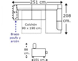 Sofá rinconera 3 plazas brazo poufs y arcón con cama apertura italiana y colchón de 90 x 190 cm. izquierda