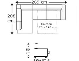 Sofá rinconera 3,5 plazas con cama apertura italiana y colchón de 120 x 190 cm. derecha