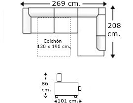 Sofá rinconera 3,5 plazas con cama apertura italiana y colchón de 120 x 190 cm. izquierda