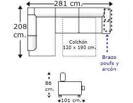 Sofá rinconera 3,5 plazas brazo poufs y arcón con cama apertura italiana y colchón de 120 x 190 cm. derecha