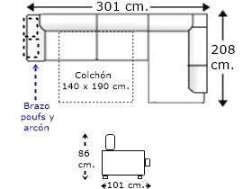 Sofá rinconera 4 plazas brazo poufs y arcón con cama apertura italiana y colchón de 140 x 190 cm. izquierda