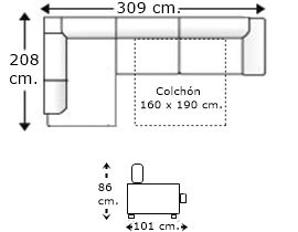 Sofá rinconera 4,5 plazas con cama apertura italiana y colchón de 160 x 190 cm. derecha