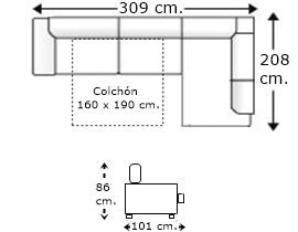 Sofá rinconera 4,5 plazas con cama apertura italiana y colchón de 160 x 190 cm. izquierda