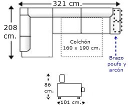 Sofá rinconera 4,5 plazas brazo poufs y arcón con cama apertura italiana y colchón de 160 x 190 cm. derecha
