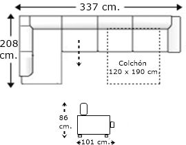 Sofá rinconera 5 plazas con cama apertura italiana y colchón de 120 x 190 cm. y asiento deslizante derecha