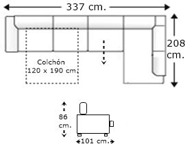 Sofá rinconera 5 plazas con cama apertura italiana y colchón de 120 x 190 cm. y asiento deslizante izquierda