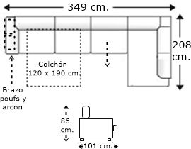 Sofá rinconera 5 plazas brazo poufs y arcón con cama apertura italiana colchón de 120 x 190 cm. y asiento deslizante izquierda