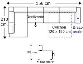 Sofá rinconera 5 plazas brazo arcón con cama apertura italiana colchón de 120 x 190 cm. y asiento deslizante derecha