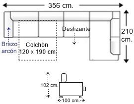 Sofá rinconera 5 plazas brazo arcón con cama apertura italiana colchón de 120 x 190 cm. y asiento deslizante izquierda