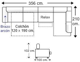 Sofá rinconera 5 plazas brazo arcón con cama apertura italiana colchón de 120 x 190 cm. y asiento relax motor. izquierda