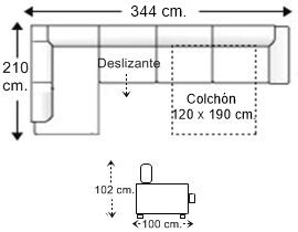 Sofá rinconera 5 plazas con cama apertura italiana colchón de 120 x 190 cm. y asiento deslizante derecha