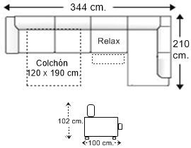Sofá rinconera 5 plazas con cama apertura italiana colchón de 120 x 190 cm. y asiento relax motor izquierda