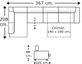 Sofá rinconera 6 plazas con cama apertura italiana y colchón de 140 x 190 cm. y asiento deslizante derecha