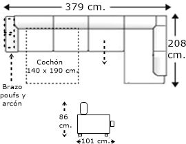 Sofá rinconera 6 plazas brazo poufs y arcón con cama apertura italiana colchón de 140 x 190 cm. y asiento deslizante izquierda