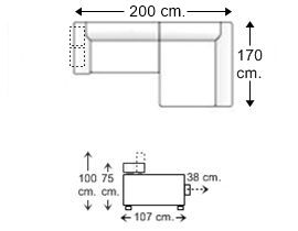 Sofá 1 plaza amplia con 2 puf y chaise longue arcón izquierdo