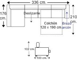 Sofá 4 plazas brazo arcón con cama apertura italiana colchón de 120 x 190 cm., asiento deslizante y chaise longue arcón derecha