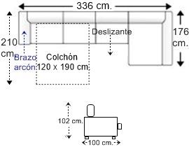 Sofá 4 plazas brazo arcón con cama apertura italiana colchón de 120 x 190 cm., asiento deslizante y chaise longue arcón izquierda