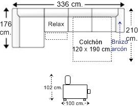 Sofá 4 plazas brazo arcón con cama apertura italiana colchón de 120 x 190 cm., asiento relax motor y chaise longue arcón derecha