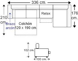 Sofá 4 plazas brazo arcón con cama apertura italiana colchón de 120 x 190 cm., asiento relax motor y chaise longue arcón izquierda