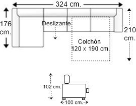 Sofá 4 plazas con cama apertura italiana colchón de 120 x 190 cm., asiento deslizante y chaise longue arcón derecha