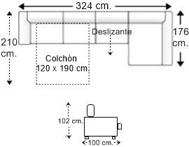 Sofá 4 plazas con cama apertura italiana colchón de 120 x 190 cm., asiento deslizante y chaise longue arcón izquierda