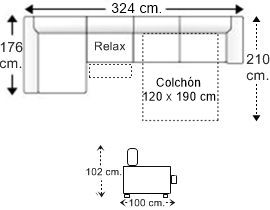 Sofá 4 plazas con cama apertura italiana colchón de 120 x 190 cm., asiento relax motor y chaise longue arcón derecha