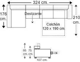 Sofá 4 plazas con cama apertura italiana colchón de 120 x 190 cm., asiento deslizante y chaise longue arcón dcha