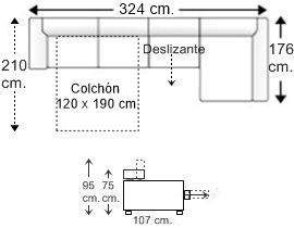 Sofá 4 plazas con cama apertura italiana colchón de 120 x 190 cm., asiento deslizante y chaise longue arcón izqda