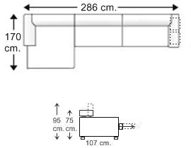 Sofá 3 plazas con 2 puff y chaise longue brazo corto derecho