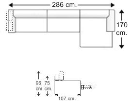 Sofá 3 plazas con 2 puff y chaise longue brazo corto izquierdo