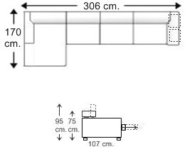 Sofá 3,5 plazas 3 asientos con 2 puff y chaise longue brazo corto derecho
