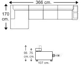 Sofá 5 plazas con 2 puff y chaise longue brazo corto derecho