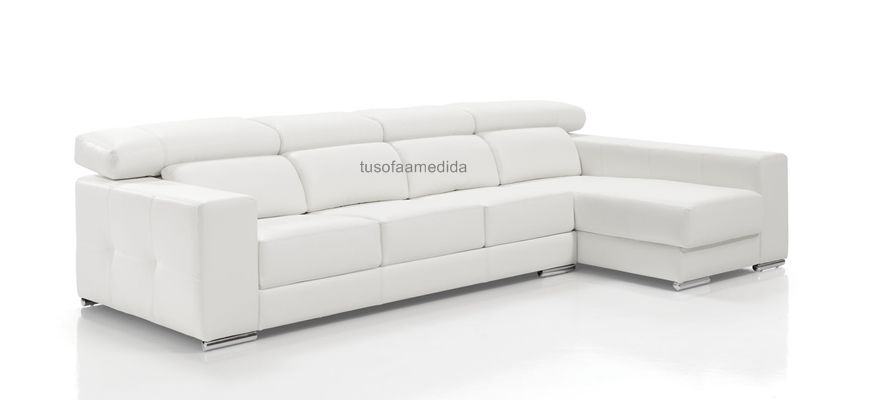 Sofá 3 asientos con chaise longue en piel blanca